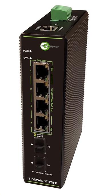 Tycon System TP-SW4GBT-2SFP, industrial PoE++ switch, 4x 1G Ethernet, 2x 2.5G SFP, 90 W